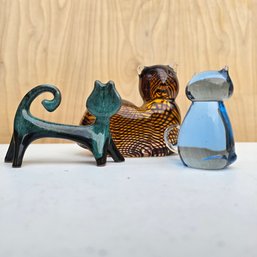 Lot Of Cat Figurines - Evangeline, Lenox & Blue Art Glass  (DM)