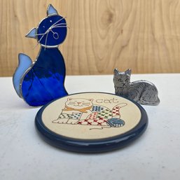 Lot Of Cats - Stained Blue Glass, Pewter, Needlepoint (DM)