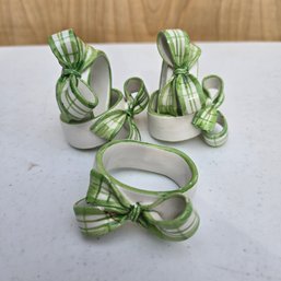 Decorative Bow Green And White Ceramic Napkin Rings, One Has Repair (DM)