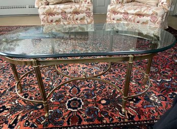 Heavy Oval Glass Coffee Table With Brass Legs 41'x23' (LR)