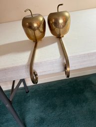 Two Vintage Brass Apple Fireplace Stocking Hangers (Living Rm)