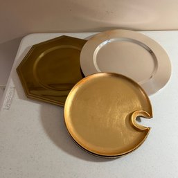 Chargers 4 Heavy Gold, 1 Silver, And 2 Enamel Gold With Wine Glass Notch (Living Rm)