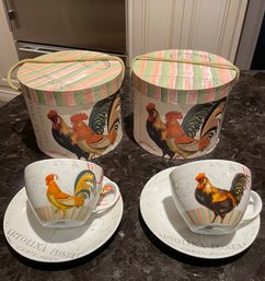 Porcelain Rooster Cappuccino Cups & Saucers Set: 2 Sets In Each Box! (4 Cups/Saucers Total) (kitchen)
