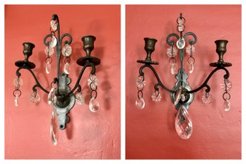 Pair Of Antique Crystal Wall Sconces, For Candles (DR)