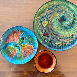 Stunning Trio Of Vintage Painted Enamel Plates (Kitchen)