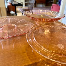 Trio Of Vintage Pink Depression Glass Serving Pieces (Kitchen)