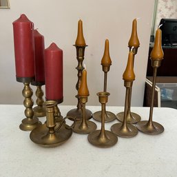 Collection Of Vintage Brass Candlestick Holders With Pear Shaped Candles (Living Rm)