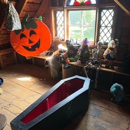 Halloween Decorations Including Coffin, Skeleton And Scary Masks! (#65503 - Attic)