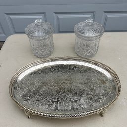 Silver Plated Serving Tray And Two Crystal Biscuit Jars (Garage)
