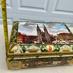 Beautifully Designed German Lined Tin Box By E. Oho Schmidt, Different Scenes On Each Side (garage)