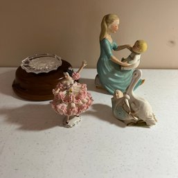 Collection Of Porcelain Figurines And One Musical Turning Wooden Base (Office)