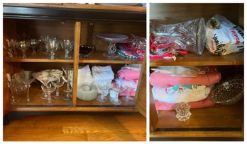 Cabinet Lot: Glassware, Vintage Linens, Etc. (DR)