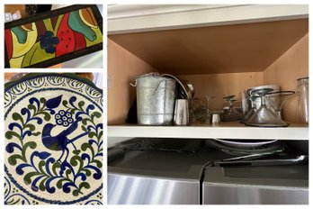 Upper Cabinet Lot: Platters, Martini Glasses, Ice Bucket, Etc (Kitchen)
