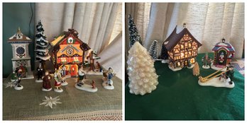 Dept. 56 Village Lighted Houses With Figures And Bottle Brush Trees (LR)