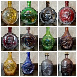 Huge Collection Of Vintage Wheaton Colored Glass Decanters! Large Sized Wheaton Glass Presidential Bottles