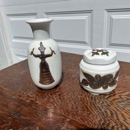 Vintage Vase And Covered Bowl, Porcelain With Copper Inlay (garage)