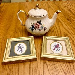 Vintage SADLER Teapot With Pair Of Small Framed Bird Cameos (DR)