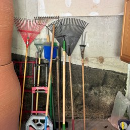 Big Lot Of Rakes And Gardening Tool, Tomato Cages Included (Garage)