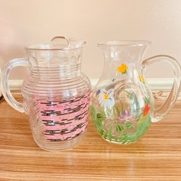 Pair Of Pretty, Hand Painted Glass Pitchers (Kitchen)