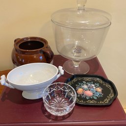 Mixed Lot Of Kitchen Items, White Ceramic Dish, Bean Pot, Glass Trifle Bowl W/ Cover & More (BR)