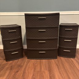 Set Of 3 Sterilite Brown Plastic Storage Dressers With Weave Pattern (BM)