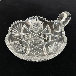 Vintage Cut Glass Crystal Trinket Dish Small Bowl With Handle (Dining Room)