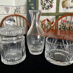 Set Of 3 Vintage 'The 100 Club' Crystal Pieces, Small Vase, Bowl, Lidded Jar (Dining Room)
