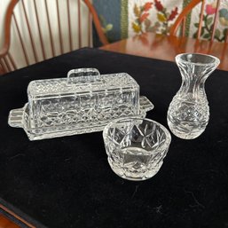 Set Of 3 Vintage Cut Glass Crystal Pieces, Butter Dish, Bud Vase, Small Bowl Salt Bowl (Dining Room)