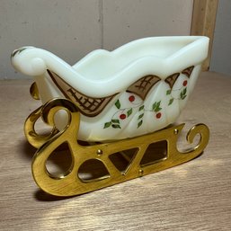 Beautiful Hand Painted Fenton Twining Berries Sleigh With Brass Runners (Bsmt 2)