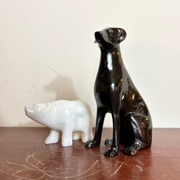 Pair Of Stone Animal Statues: Black Dog And White Polar Bear