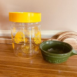 Vintage Yellow Flowered Glass Jar & Small TST Ovenware Bowl (kitchen)