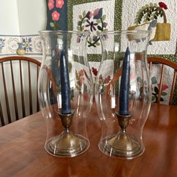 Set Of 2 Vintage Preisner Sterling Weighted Candlesticks And Hurricane Glasses (Dining Room)