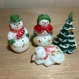 Four Beautiful Fenton Hand Painted Holiday Pieces - Tree, Snowlady, Snowman, And Cuddly Kitten (Bsmt 2)
