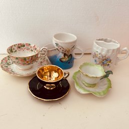 3 Vintage, Pretty Teacups & Saucers Plus Pair Of Vintage Mustache Cups (NK)