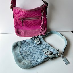 Pair Of Suede Bottom COACH Bags, Blue & Pink, Some Discoloration On Suede, See Photos