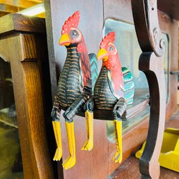 Pair Of Vintage Wooden Shelf Sitter Chickens From Mexico (Garage)