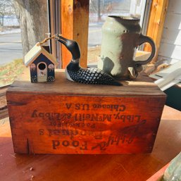 Wooden Crate, Wood Loon Sculpture, Decorative Birdhouse And Pottery Mug (Porch)