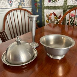 Set Of 3 Vintage Pewter Pieces, Bud Vase, Small Bowl, Small Lidded Round Plate, Royal Holland Pewter (Dining)