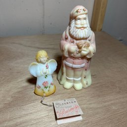 Beautiful Vintage Fenton Burmese Hand Painted Santa And Angel (Bsmt 2)