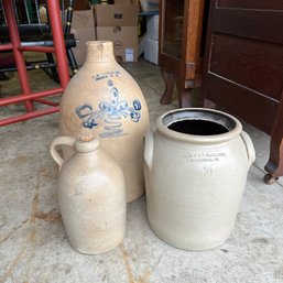 Trio Of Vintage Stoneware Crocks And Jugs - As Is (garage)