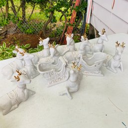 K's Collection Lot Of Gold Tipped Ceramic Reindeer & Sleighs (Garage)