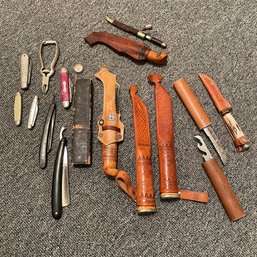 Lot Of Unique Vintage Knives, Sheaths, Straight Razors, And More! (Zone 1)