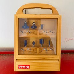 Wooden Storage Box With Assorted Ryobi Router Bits (Garage)