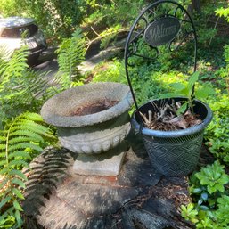 Cement Garden Urn And Plastic Welcome Pot (outside)