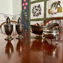 Set Of Vintage Sterling Weighted Dining Pieces: Salt And Pepper Shakes, Gravy Boat, Salt Cellar With Spoon