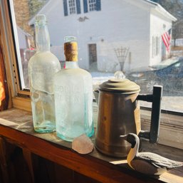 Vintage Glass Bottles, Loon Figure And Copper Coffee Pot (Porch)