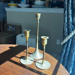 Trio Of Varying Sized Brass Candle Stick Holders (DR)