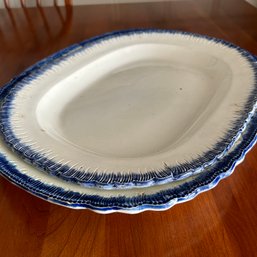 Pair Of Antique Leeds Ironstone Platters Blue And White Feather Edge, 14' & 16' (Dining Room)