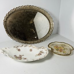 Antique Dishes And Older Vintage Mirrored Tray (garage Center)