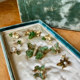 Gorgeous Collection Of Vintage Green & Gold Tone Butterfly & Grape Leaf Jewelry